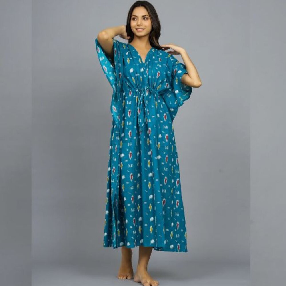 Cotton Kaftan Blue beach cover loungewear Indigo Hand Block Print Resort Kaftan